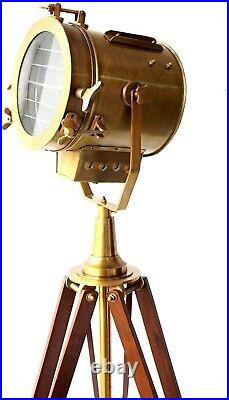 Vintage Brass Nautical Searchlight Floor Spotlight Lamp Wooden Tripod Light
