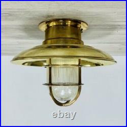 Vintage Covered Nautical Brass Ceiling Light With Ribbed Globe