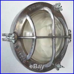 Vintage German Wiska Industrial Aluminum Round Caged Wall / Ceiling Ship's Light