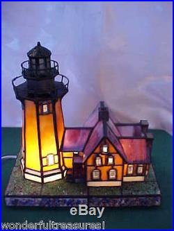 Vintage HM 2 Light Stained Glass LIGHTHOUSE Lamp Nautical Marine Art BEAUTIFUL