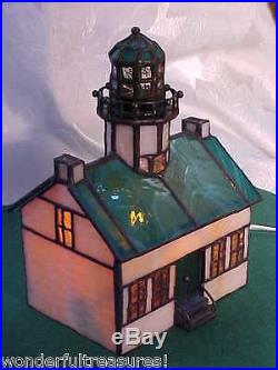Vintage HM 2 Light Stained Glass LIGHTHOUSE Lamp Nautical Marine Art BEAUTIFUL