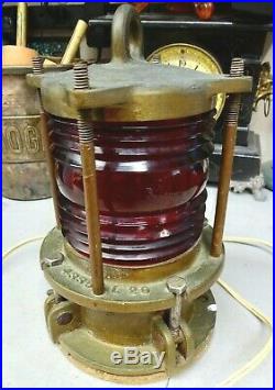 Vintage Heavy Brass Marine Piling Light Lantern with RED Fresnel Glass 4335 L 29