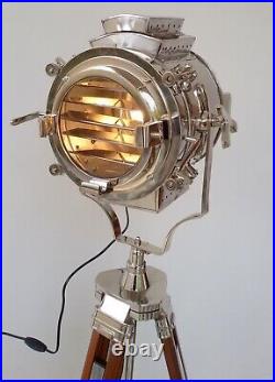 Vintage Hollywood Nautical Wooden Heavy Tripod Spotlight Big Light Floor Lamp