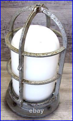 Vintage Industrial Caged Light Russell Stoll Light Milk Glass Light