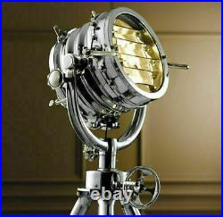 Vintage Industrial DESIGNER Chrome Nautical SPOT LIGHT Tripod Floor LAMP Decor