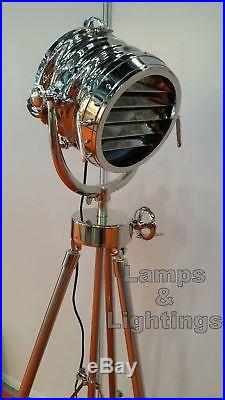 Vintage Industrial Designer Chrome Nautical Spot Light Tripod Floor Lamp Decor /