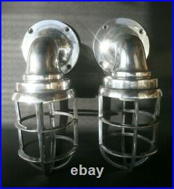 Vintage Industrial Nautical Bulkhead Wall Lights Caged Aluminium Polished Wired