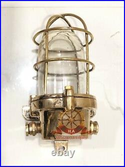 Vintage Industrial Nautical Polished Brass Sconce Light Fixture With Cage Proof