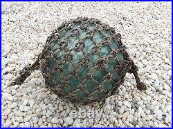 Vintage Japanese Large Glass Fishing Float Light blue Netted Rope Nautical Décor
