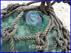 Vintage Japanese Large Glass Fishing Float Light blue Netted Rope Nautical Décor