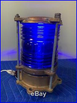 Vintage LL Rowe Blue Nautical Marine Military Piling Light Lamp Fresnel Lens