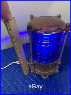 Vintage LL Rowe Blue Nautical Marine Military Piling Light Lamp Fresnel Lens