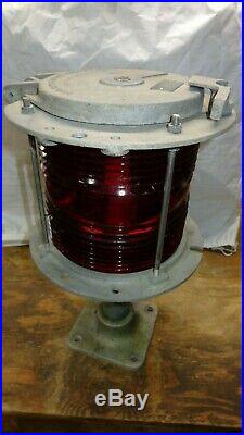 Vintage Marine Navigation Light Fixture 360 Degree Red Fresnel Glass Lens & Base