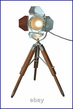Vintage Nautical Desk Search Light with Wooden Tripod Home Decor Nickle Finish