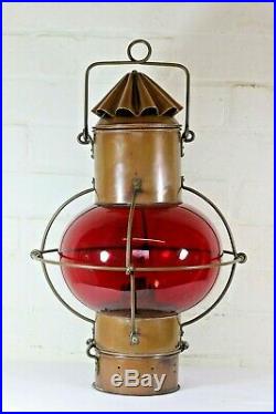 Vintage Nautical Hanging Copper Oil Lamp Ship's Lantern Large Onion Light Red