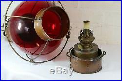 Vintage Nautical Hanging Copper Oil Lamp Ship's Lantern Large Onion Light Red