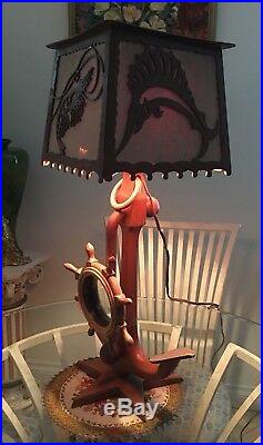 Vintage Nautical Lamp Light Boat Ship Anchor Lobster Hand Carved Wood RARE