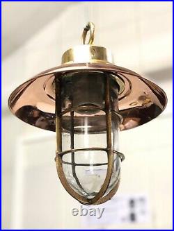 Vintage Nautical Ship Antique Brass Long Pendant Hanging Light With Copper Shade