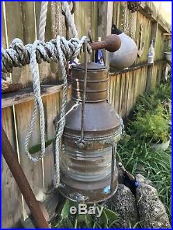 Vintage Nautical Ship Light Lantern Large Brass ANCHOR Oil Lamp Old & Weathered