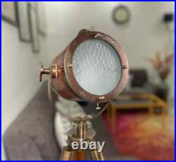 Vintage Nautical Spotlight Brown Leather Floor Lamp Searchlight Tripod Home