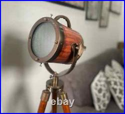 Vintage Nautical Spotlight Brown Leather Floor Lamp Searchlight Tripod Home