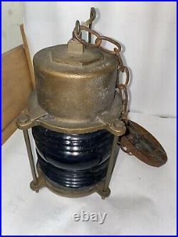 Vintage Oceanic 836 Brass Blue Glass Ship Light Hanging w Chain Good Condition