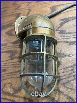 Vintage Oceanic Brass Ships Bulkhead Wall Sconce / Nautical Light Fixture w Cage