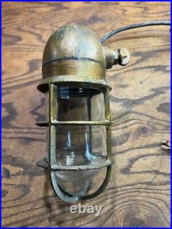 Vintage Oceanic Brass Ships Bulkhead Wall Sconce / Nautical Light Fixture w Cage