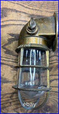 Vintage Oceanic Brass Ships Bulkhead Wall Sconce / Nautical Light Fixture w Cage