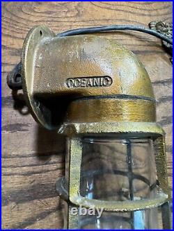 Vintage Oceanic Brass Ships Bulkhead Wall Sconce / Nautical Light Fixture w Cage