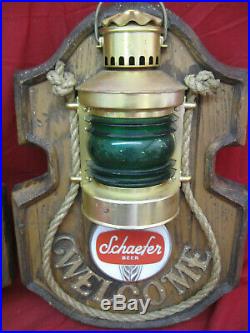 Vintage Pair Schaefer Beer Lighted Nautical Marine Welcome Signs Red & Green