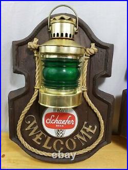 Vintage Pair Schaefer Beer Lighted Nautical Marine Welcome Signs Red & Green Bar