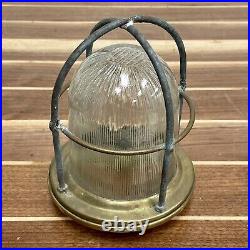 Vintage Patina Caged Ribbed Brass Ceiling Light