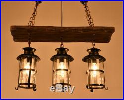 Vintage Retro Nautical Wrought Iron Pendant 3 Light Island Wood Hanging Lamp