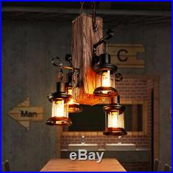 Vintage Retro Nautical Wrought Iron Pendant 4 Light Island Wood Hanging Lamp