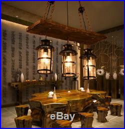 Vintage Retro Wrought Iron Pendant 3-Light Island Wood LED Hanging Ceiling Lamp