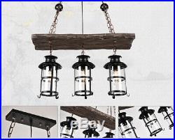 Vintage Retro Wrought Iron Pendant 3-Light Island Wood LED Hanging Ceiling Lamp