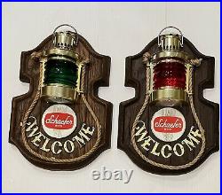 Vintage Schaefer Beer Nautical Welcome Lighted Bar Signs Set Of 2 Green & Red