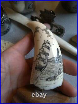 Vintage Scrimshaw Faux Whale Tooth ship light house fishingman birds carving
