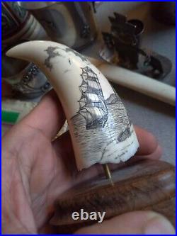 Vintage Scrimshaw Faux Whale Tooth ship light house fishingman birds carving