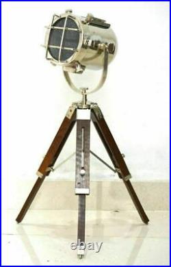Vintage Search Light Table Spot Light With Wood Tripod Stand Nautical Home Decor