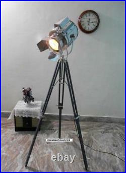 Vintage Searchlight Floor Lamp Grey Wooden Tripod Stand Floor Spot Light