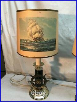 Vintage Set of 2 Nautical Ship`s Wheel Table Lamps 21 Inch Sailing Ship Shades