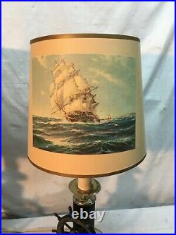 Vintage Set of 2 Nautical Ship`s Wheel Table Lamps 21 Inch Sailing Ship Shades