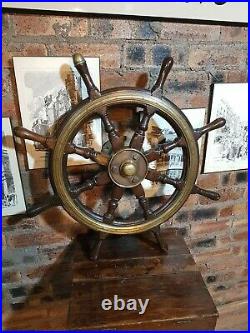 Vintage Ships Wheel. Light Brass Boss. Mahogany Wheel Marine Nautical Boat