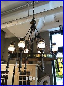 Vintage Six Light Nautical Style Brass and Glass Chandelier Pub Brewery Cafe