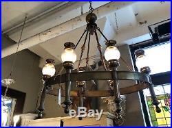 Vintage Six Light Nautical Style Brass and Glass Chandelier Pub Brewery Cafe