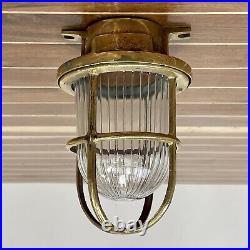 Vintage Small Nautical Brass Cage Ribbed Globe Ceiling Light