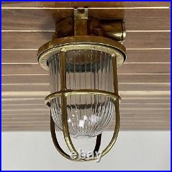 Vintage Small Nautical Brass Cage Ribbed Globe Ceiling Light