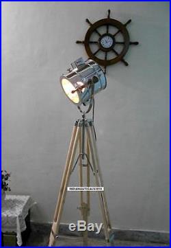 Vintage Spotlight Floor lamp Wooden Tripod Chrome Finish Spot Light Home Decor